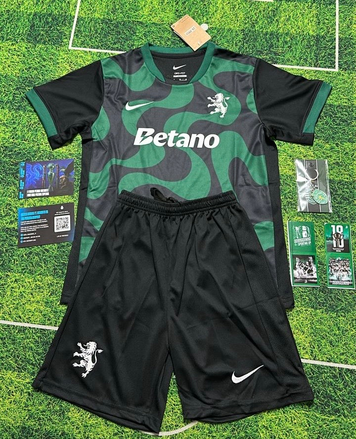 Conjunto infantil COM MEIAS alternativo negro/verde 2025/26