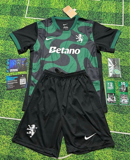 Conjunto infantil COM MEIAS alternativo negro/verde 2025/26