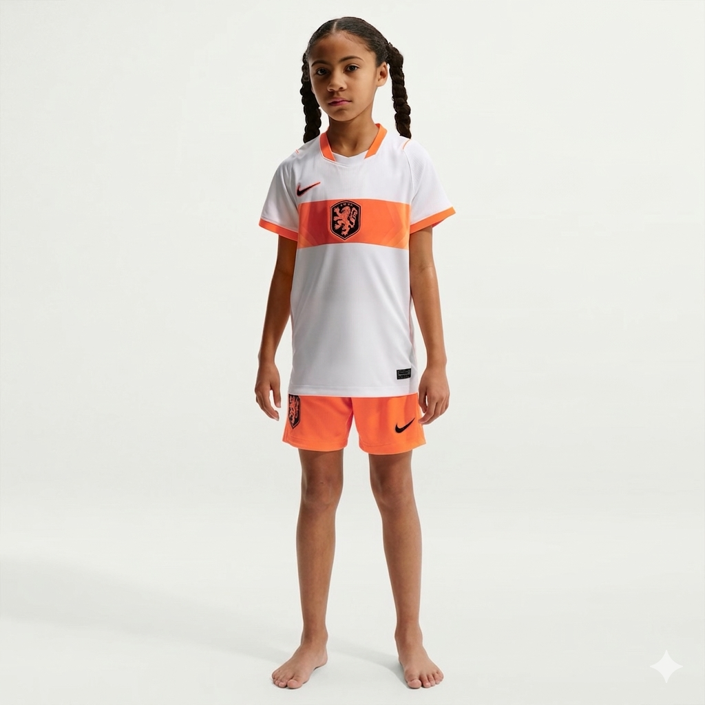 Conjunto infantil da Países Bajos alternativa blanca COPA DEL MUNDO 2026