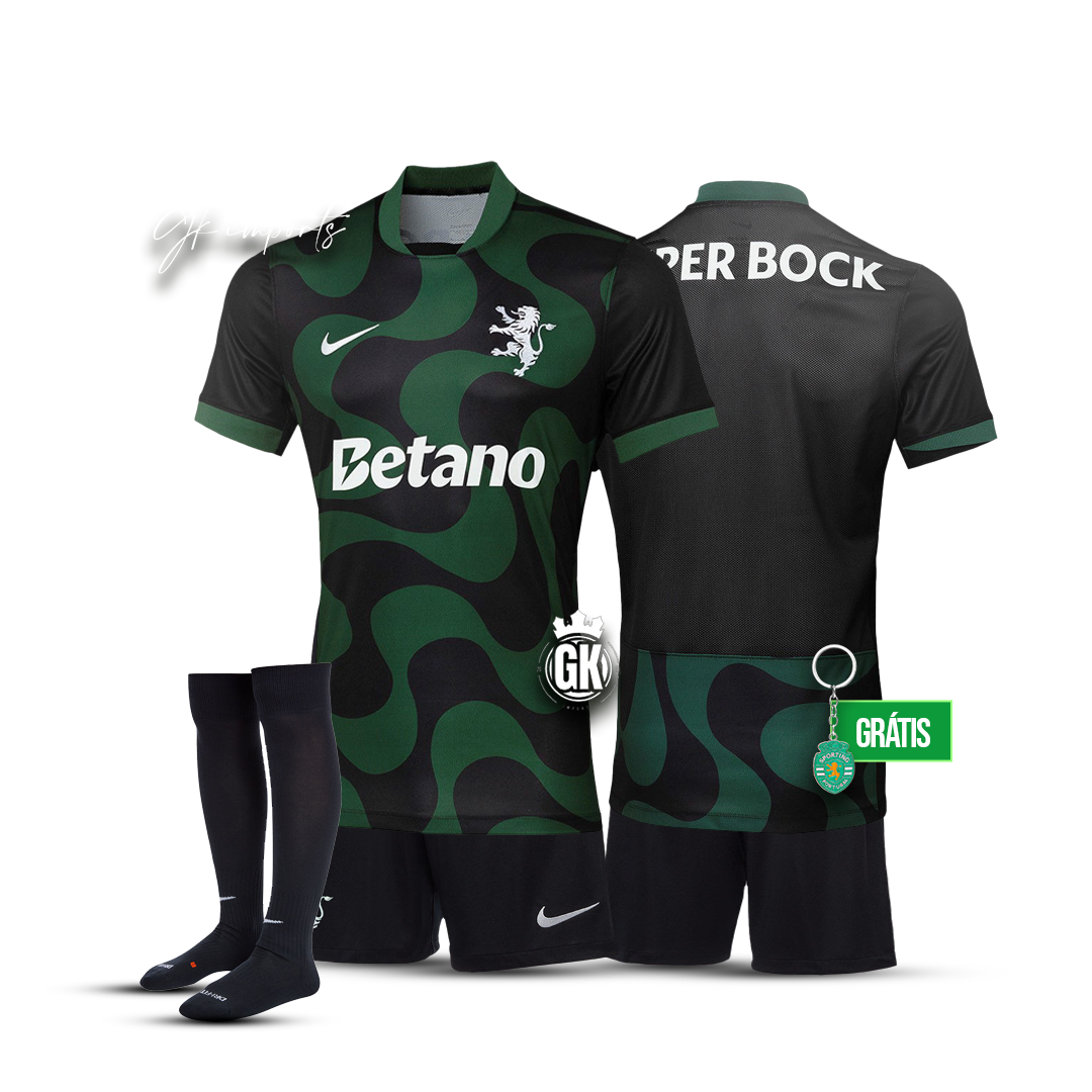 Conjunto infantil COM MEIAS alternativo negro/verde 2025/26